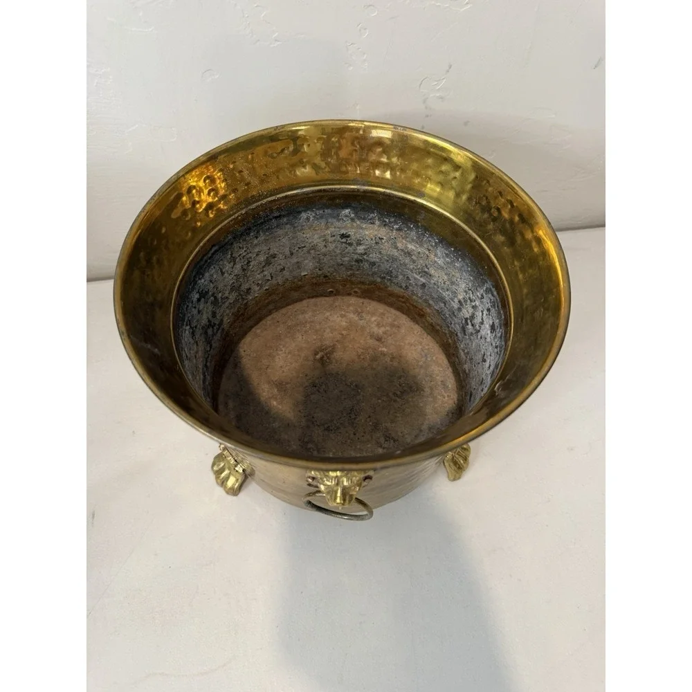 Vintage Brass Lion Head Planter Hollywood Regency Footed Cachepot Plant Pot 7